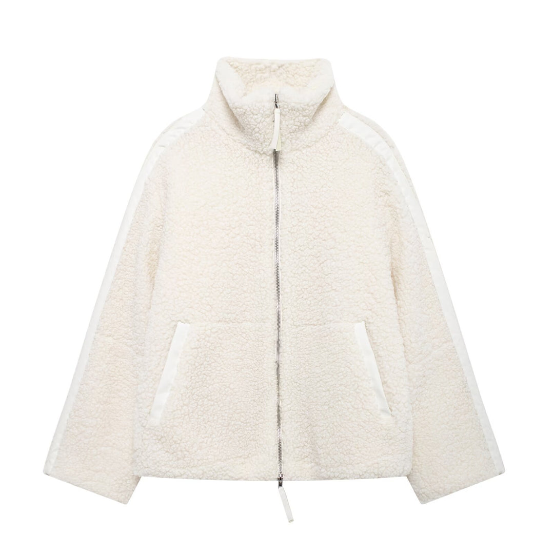 Damen Weit geschnittene Teddy-Fleecejacke mit hohem Stehkragen Nord Taschen