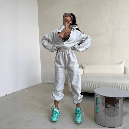 Damen Relaxed-Loungewear-Set mit Halbzip-Stehkragen und hochtaillierter Weitbein-Jogginghose Nord Taschen