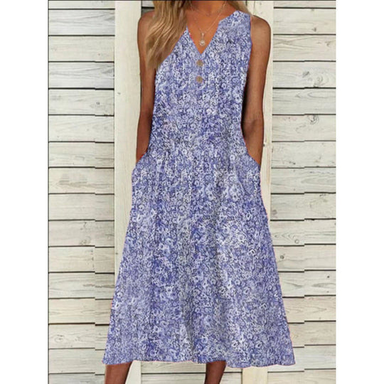 Damen Midi-Kleid mit tiefem V-Ausschnitt, Knopfdetails und praktischen Taschen