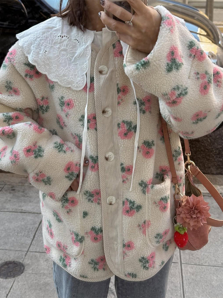 Damen Teddy-Fleecejacke mit Blumendruck, Cordleiste, Pattentaschen und übergroßem Spitzenkragen Nord Taschen
