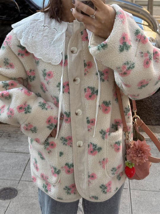 Damen Teddy-Fleecejacke mit Blumendruck, Cordleiste, Pattentaschen und übergroßem Spitzenkragen Nord Taschen