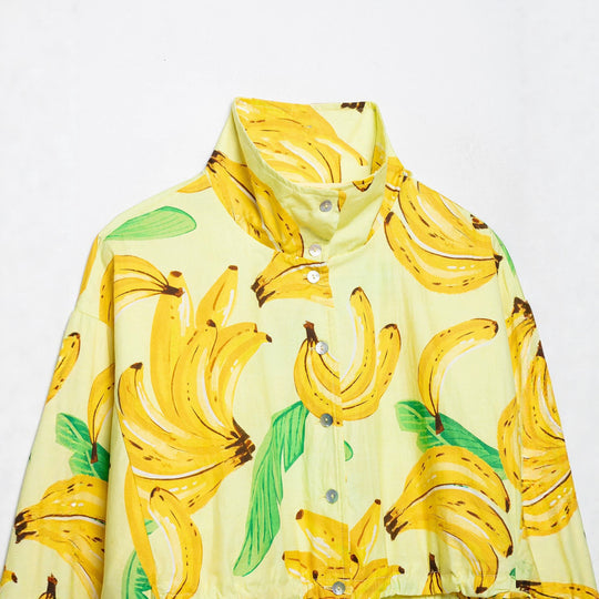 Damen Kurzbluse im Cropped-Boxy-Schnitt mit Banane‑Print, hohem Stehkragen und Tunnelzugsaum Nord Taschen