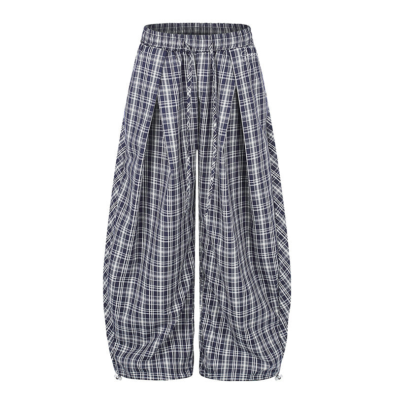 Damen Weite Harem-Ballonhose mit elastischem Bund, Kordelzug und Karomuster Nord Taschen