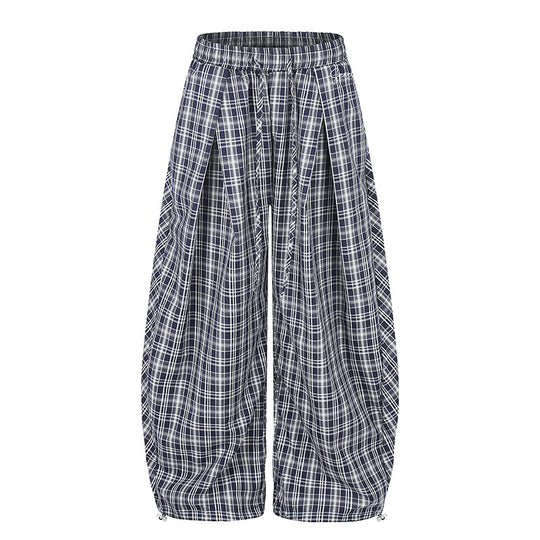 Damen Weite Harem-Ballonhose mit elastischem Bund, Kordelzug und Karomuster Nord Taschen