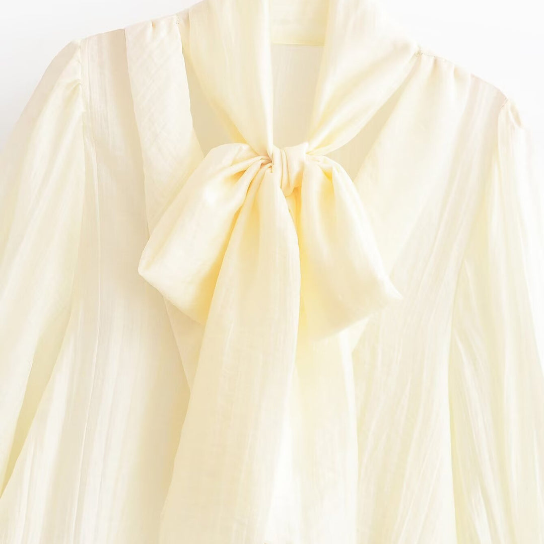Damen Elegante Chiffonbluse mit Schleifenkragen, Plissee-Detail und Ballonärmeln Nord Taschen