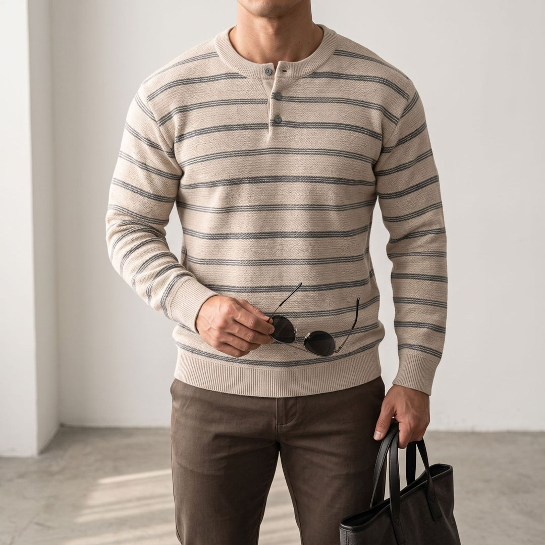 Herren Henley‑Strickpullover mit feiner Struktur und horizontalen Streifen Nord Taschen
