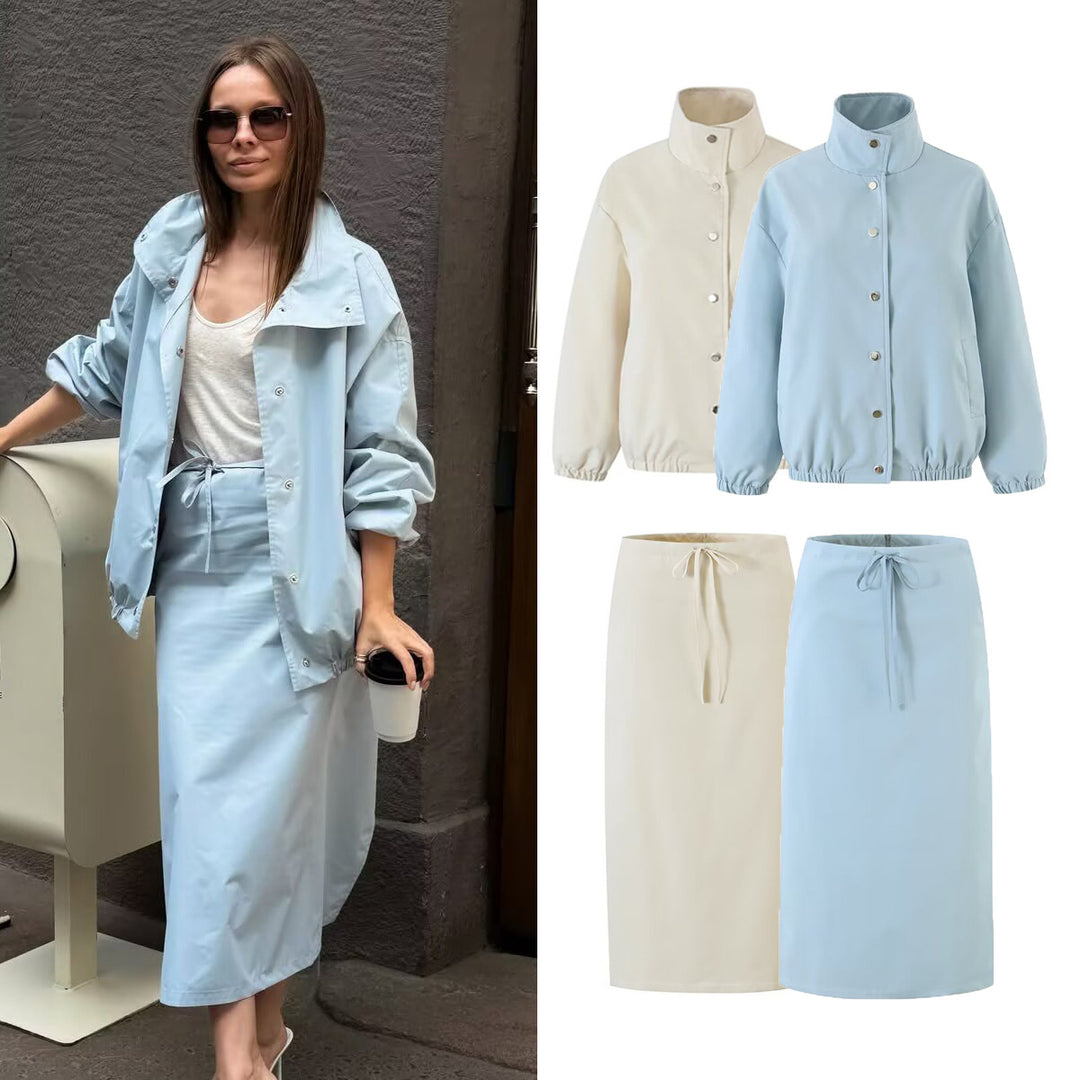 Damen Zweiteiliges Set aus kurzem Blouson mit Stehkragen und hoher Taillen-Bleistiftrock Nord Taschen
