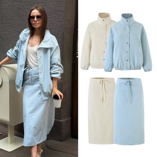 Damen Zweiteiliges Set aus kurzem Blouson mit Stehkragen und hoher Taillen-Bleistiftrock Nord Taschen