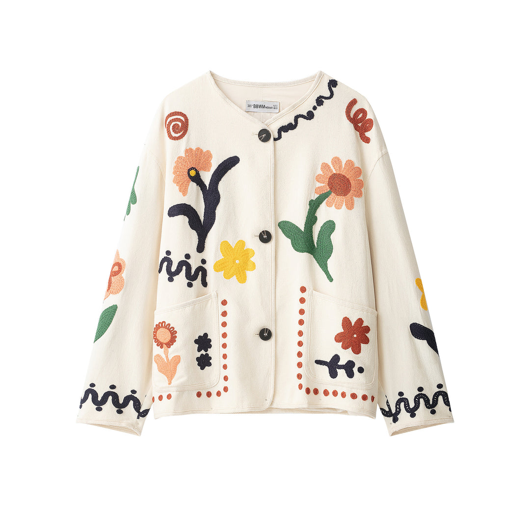 Damen Bestickte Oversize Baumwolljacke mit Blumendekor und Knopfleiste Nord Taschen
