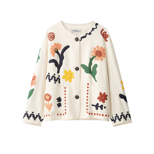 Damen Bestickte Oversize Baumwolljacke mit Blumendekor und Knopfleiste Nord Taschen