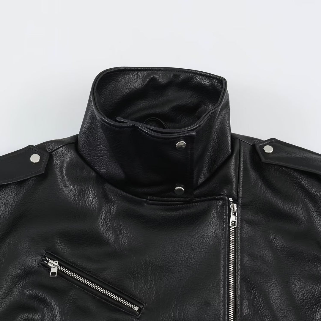 Herren Biker-Lederjacke mit hohem Stehkragen, Schulterklappen und Taillengürtel Nord Taschen