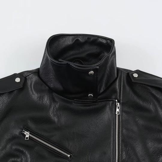 Herren Biker-Lederjacke mit hohem Stehkragen, Schulterklappen und Taillengürtel Nord Taschen