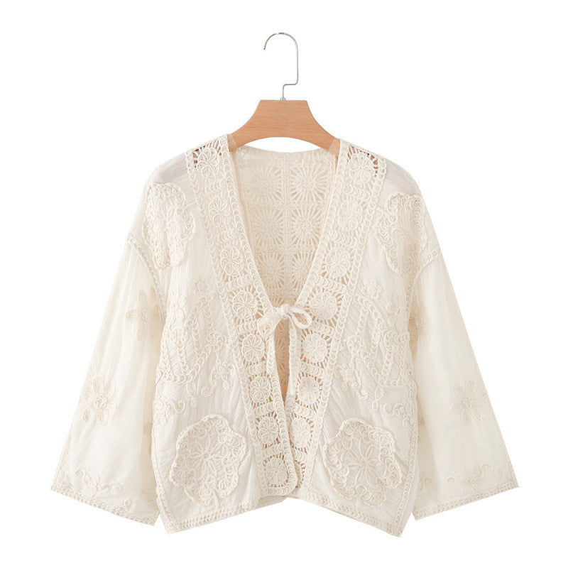 Damen Boho‑Häkelspitzenjacke mit V‑Ausschnitt und Bindeband Nord Taschen