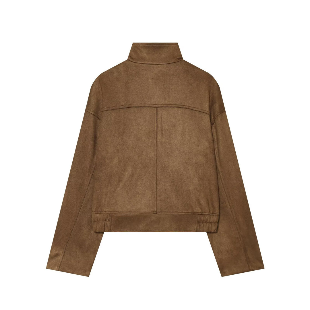 Damen Kurze Boxy‑Suede‑Jacke mit Stehkragen und aufgesetzten Pattentaschen Nord Taschen