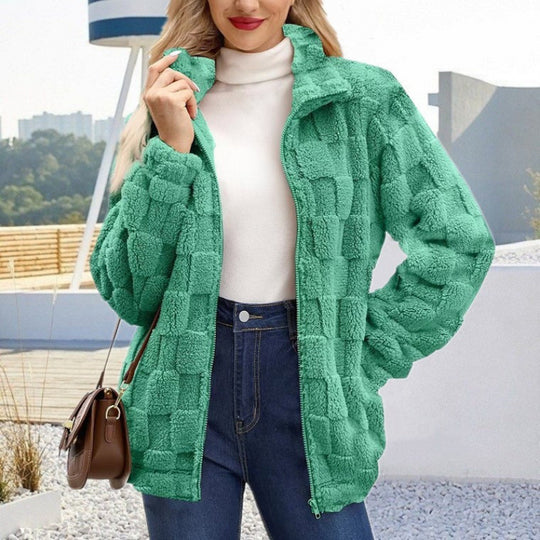 Damen Teddyjacke mit Karo-Struktur, Stehkragen und Reißverschluss Nord Taschen