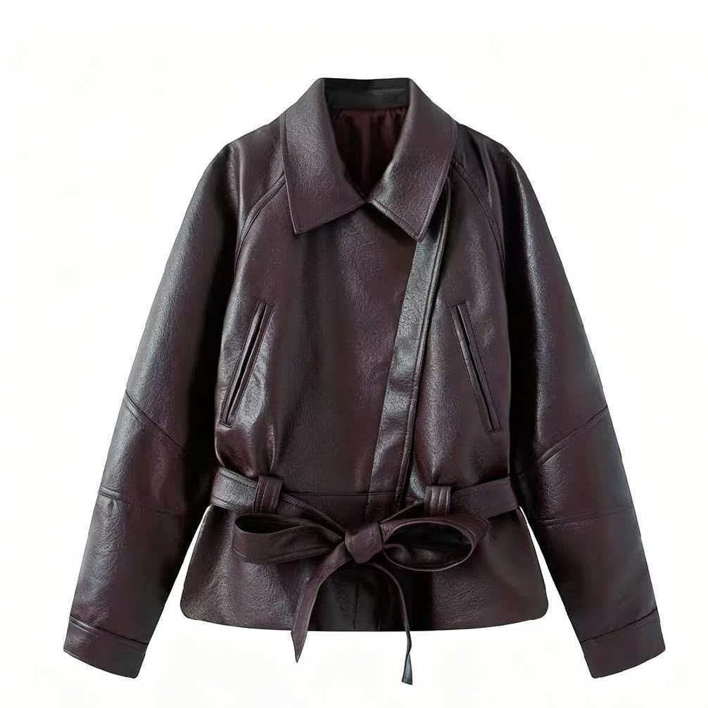 Damen Kurzjacke aus Kunstleder mit Taillengürtel und Hemdkragen Nord Taschen