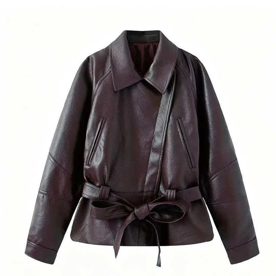 Damen Kurzjacke aus Kunstleder mit Taillengürtel und Hemdkragen Nord Taschen