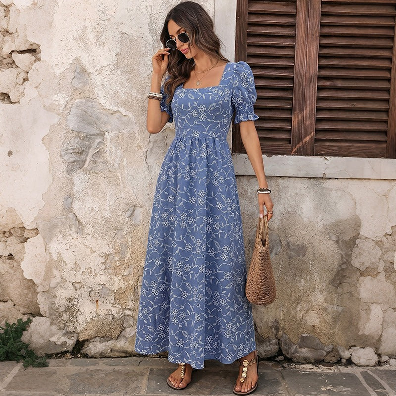 Damen Langes Leichtes Sommer-Maxikleid mit quadratischem Ausschnitt, Puffärmeln und floraler Stickoptik Nord Taschen