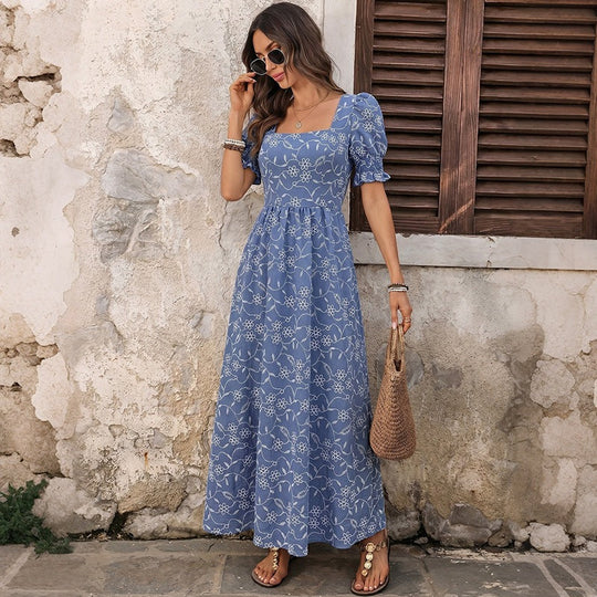 Damen Langes Leichtes Sommer-Maxikleid mit quadratischem Ausschnitt, Puffärmeln und floraler Stickoptik Nord Taschen