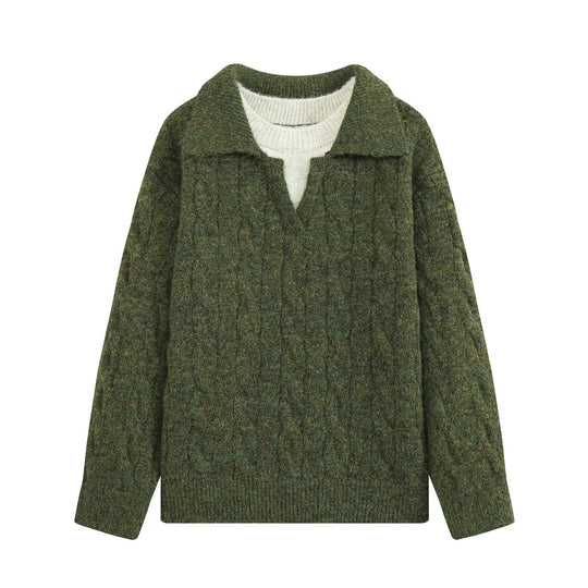 Damen Grobgestrickter Oversize-Pullover mit Polokragen und Zopfmuster Nord Taschen