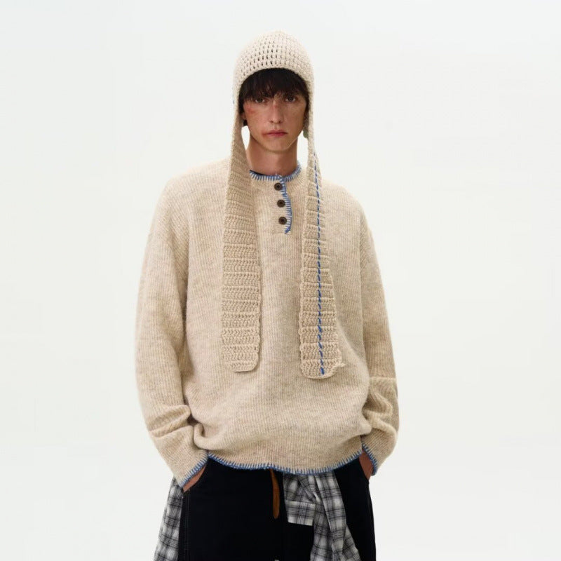Herren Grobstrick-Henley-Pullover mit Bouclé-Optik und kontrastierten Bündchen Nord Taschen