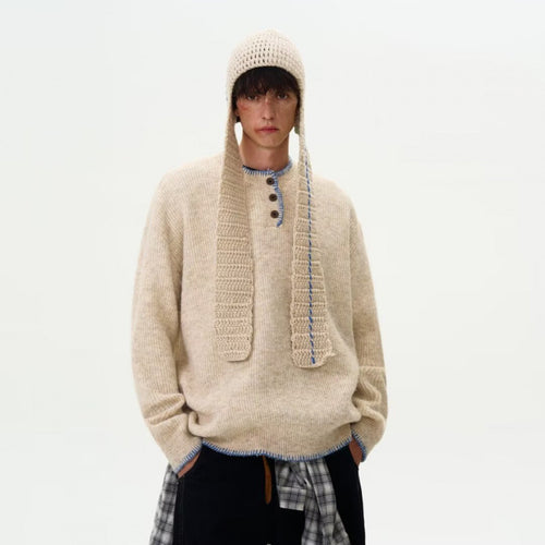 Herren Grobstrick-Henley-Pullover mit Bouclé-Optik und kontrastierten Bündchen Nord Taschen