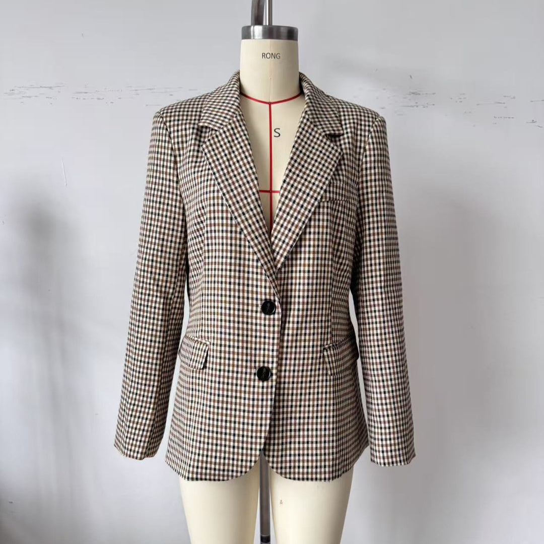 Damen Karo-Sakko im modernen Tailoring mit Reverskragen, zwei-Knopf-Verschluss und gefütterten Pattentaschen Nord Taschen