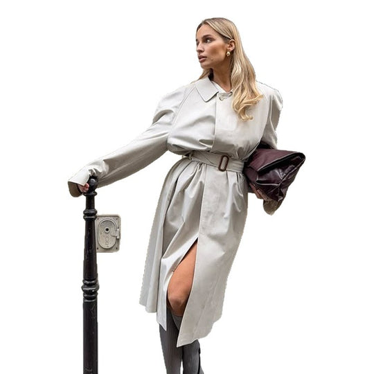 Damen Midilanger Trenchcoat im Cocoon‑Cut mit Bindegürtel und Raglanärmeln Nord Taschen