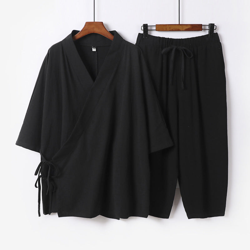 Herren Kimono-Loungewear-Set mit Wickeloberteil, Kordelbundhose und lockerer Passform Nord Taschen
