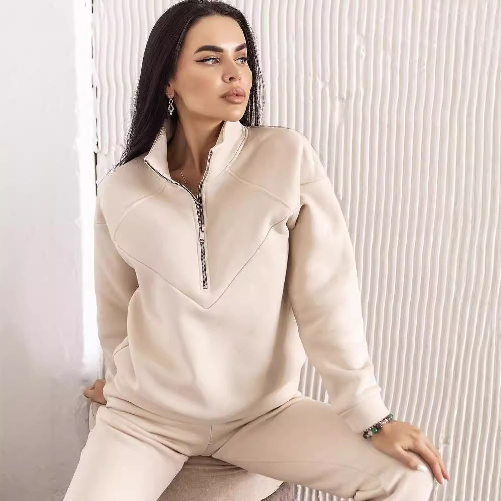 Damen Zweiteiliges Sweat-Loungewear-Set mit Troyer-Reißverschluss und elastischer Jogginghose Nord Taschen