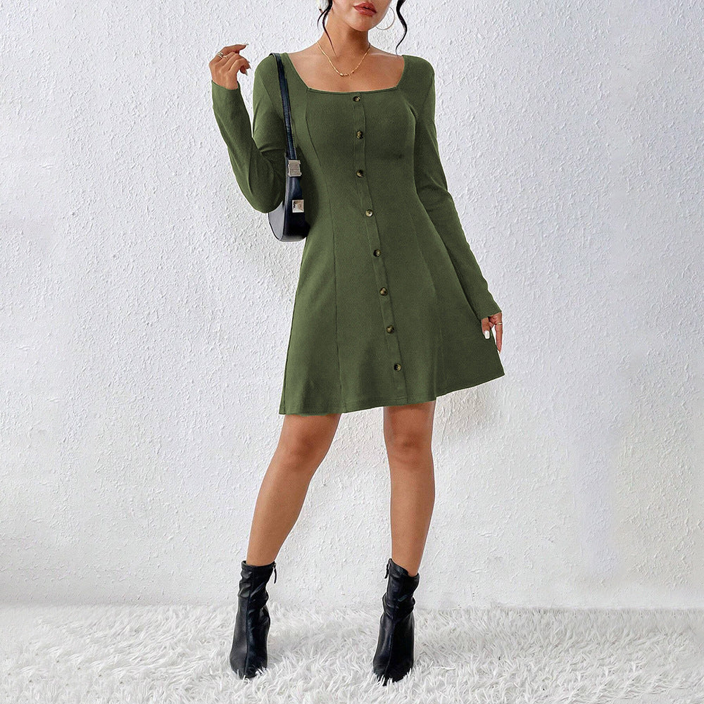 Damen ausgestelltes Strick‑Korsagenkleid mit durchgehender Knopfleiste, Square‑Neck und figurformenden Teilungsnähten Nord Taschen
