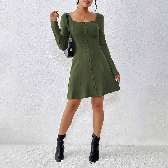 Damen ausgestelltes Strick‑Korsagenkleid mit durchgehender Knopfleiste, Square‑Neck und figurformenden Teilungsnähten Nord Taschen