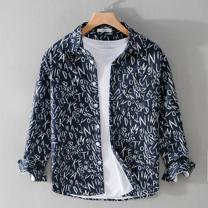 Herren Locker geschnittenes Langarm-Overshirt mit Allover-Letterprint und Brusttasche Nord Taschen