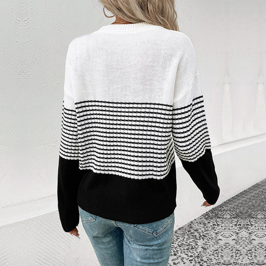 Damen Relaxed-Fit Blockstreifen-Feinstrickpullover mit Rippbündchen und überschnittener Schulter Nord Taschen