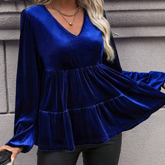 Damen samtiges Volant‑Peplum‑Top mit V‑Ausschnitt, geraffter Taille und langen Ballonärmeln Nord Taschen