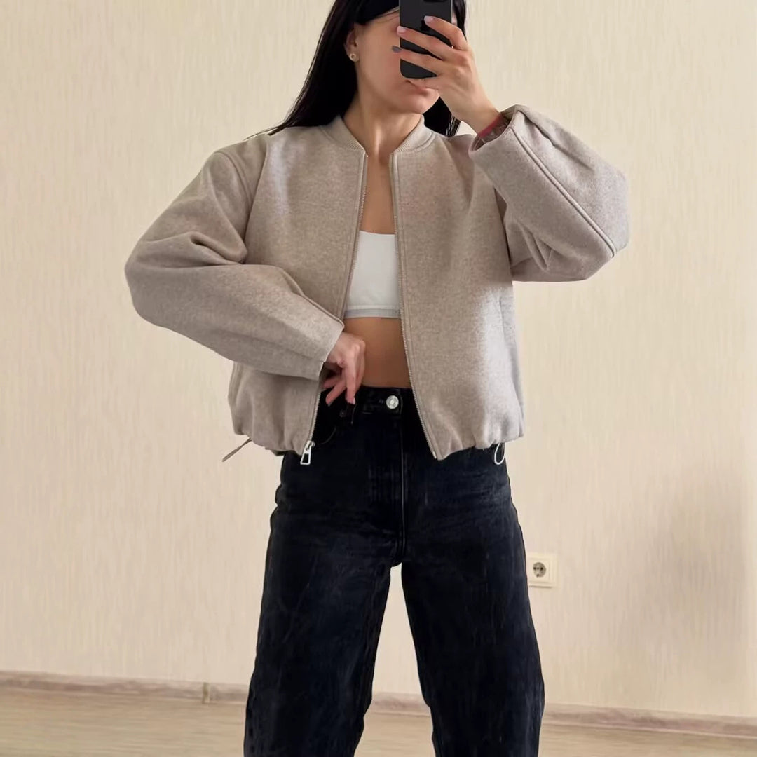 Damen Kurze Boxy‑Wollmix‑Bomberjacke mit Reißverschluss, verdecktem Stehkragen und Tunnelzugsaum Nord Taschen
