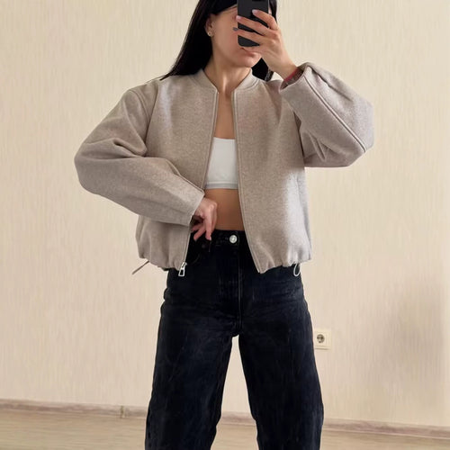 Damen Kurze Boxy‑Wollmix‑Bomberjacke mit Reißverschluss, verdecktem Stehkragen und Tunnelzugsaum Nord Taschen