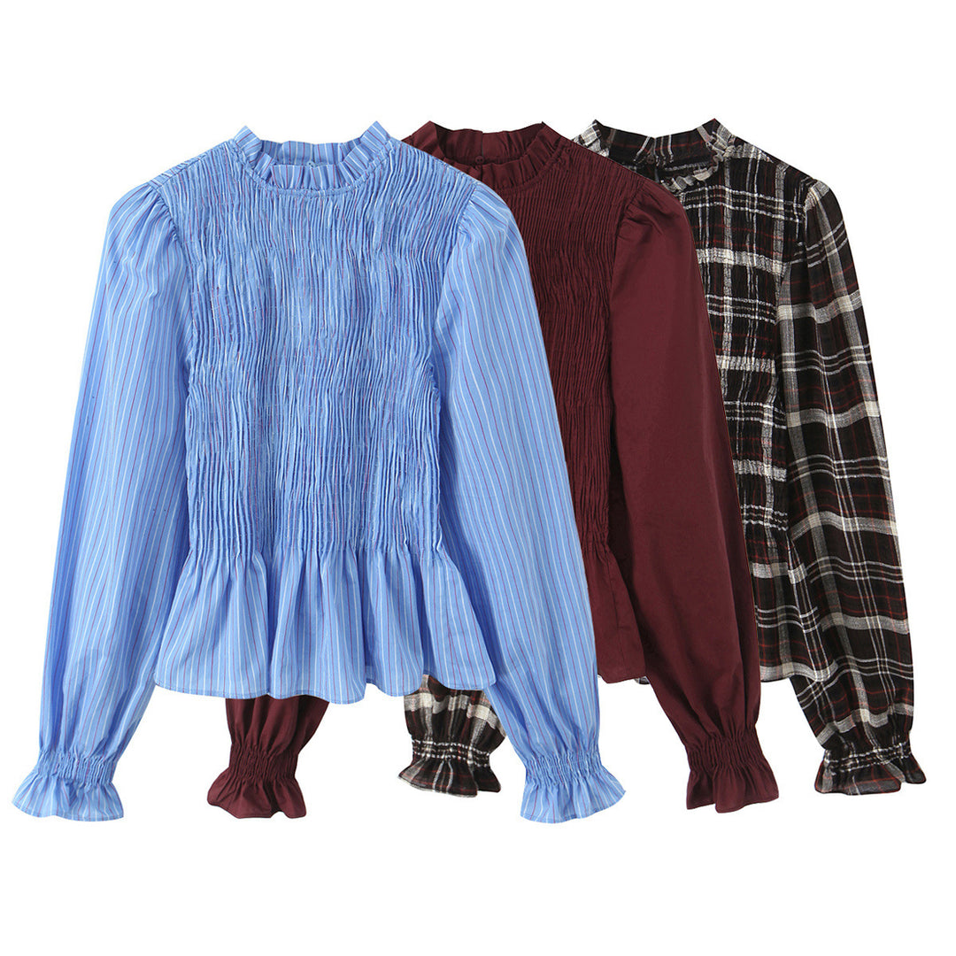 Damen Gestreifte Bluse mit Smok-Front, Stehkragen und Volant-Saum Nord Taschen