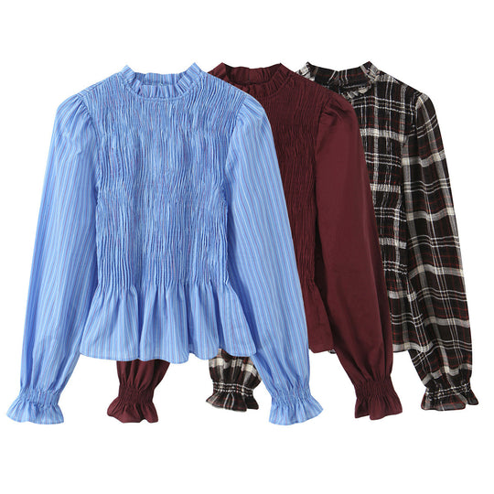 Damen Gestreifte Bluse mit Smok-Front, Stehkragen und Volant-Saum Nord Taschen
