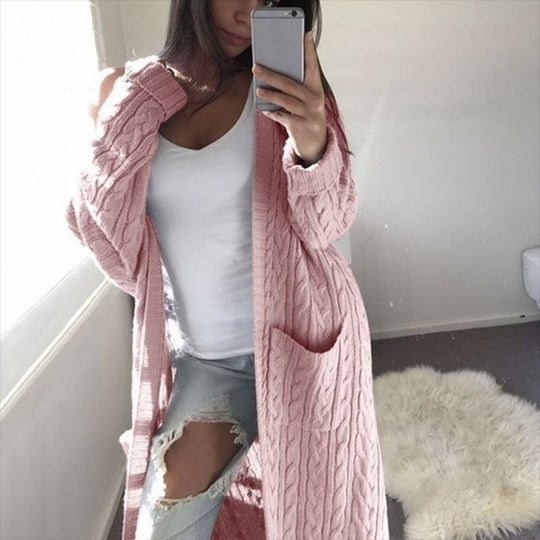 Damen Langer Oversize Zopfmuster-Strickcardigan mit Eingrifftaschen Nord Taschen
