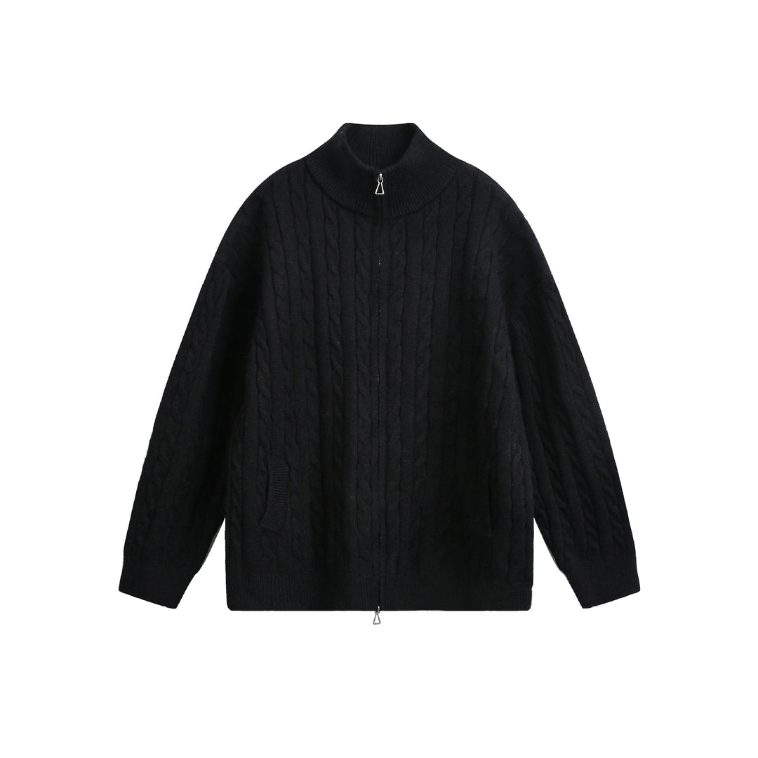 Unisex Grobstrick-Pullover mit Zopfmuster, hohem Stehkragen und Zwei-Wege-Reißverschluss Nord Taschen