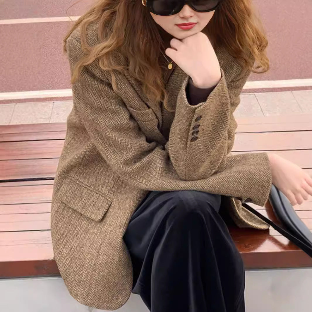 Damen Oversize-Blazer aus Wollmix mit Fischgrätstruktur, kastiger Silhouette & Pattentaschen Nord Taschen