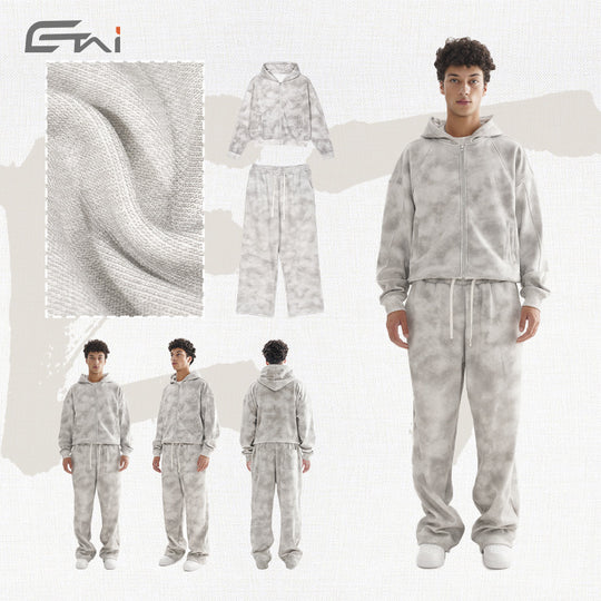 Damen Loungewear-Set aus French-Terry mit Cropped-Reißverschluss-Hoodie und weit geschnittener Sweatpant Nord Taschen