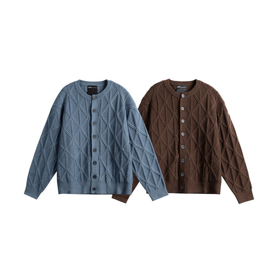 Damen Strickcardigan im Boxy Cut mit strukturierter Rautenmuster, Rundhalsausschnitt und durchgehender Knopfleiste Nord Taschen