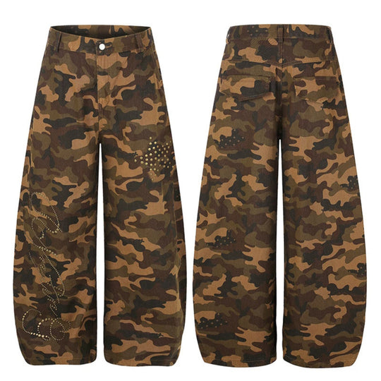 Damen Weite Camouflage-Palazzo-Hose mit Balloon-Saum und Nietenbesatz Nord Taschen