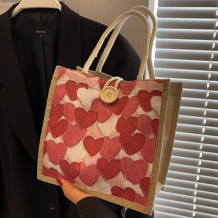 Damen Jute Tragetasche mit liebevollem Herzdesign und praktischem Knopfverschluss Nord Taschen
