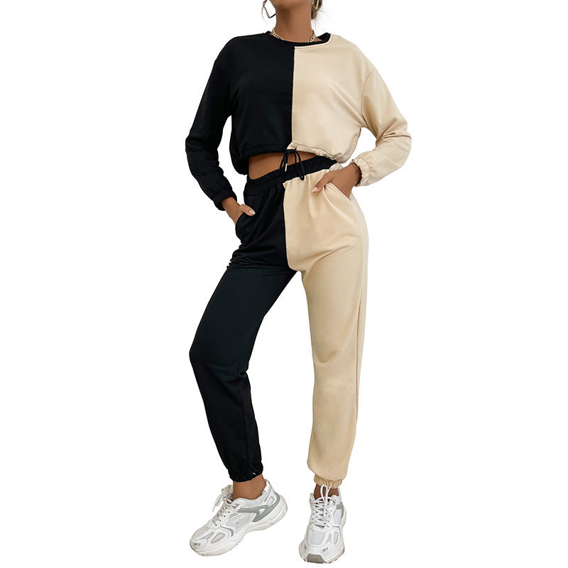 Damen Zweifarbiges Cropped-Jogging-Set mit Tunnelzug, elastischen Bündchen und Boxy-Schnitt Nord Taschen