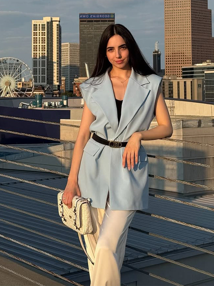 Damen Ärmellose Longblazer-Weste mit betonter Schulterpartie und Taillenform Nord Taschen