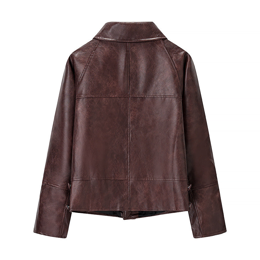 Damen Kurz geschnittene Oversize-Lederjacke mit Rundkragen und Pattentaschen Nord Taschen