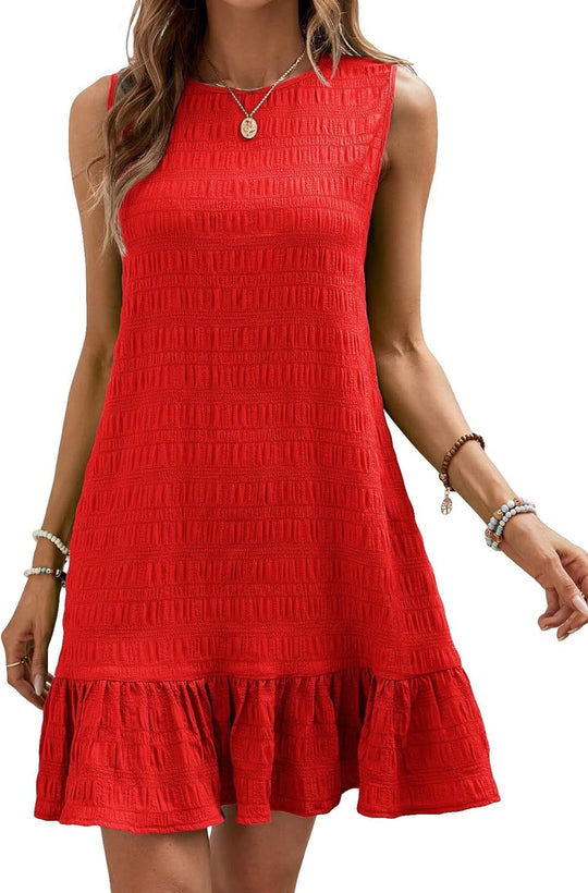 Damen ärmelloses Sommerkleid mit Rüschensaum und strukturierter Oberfläche